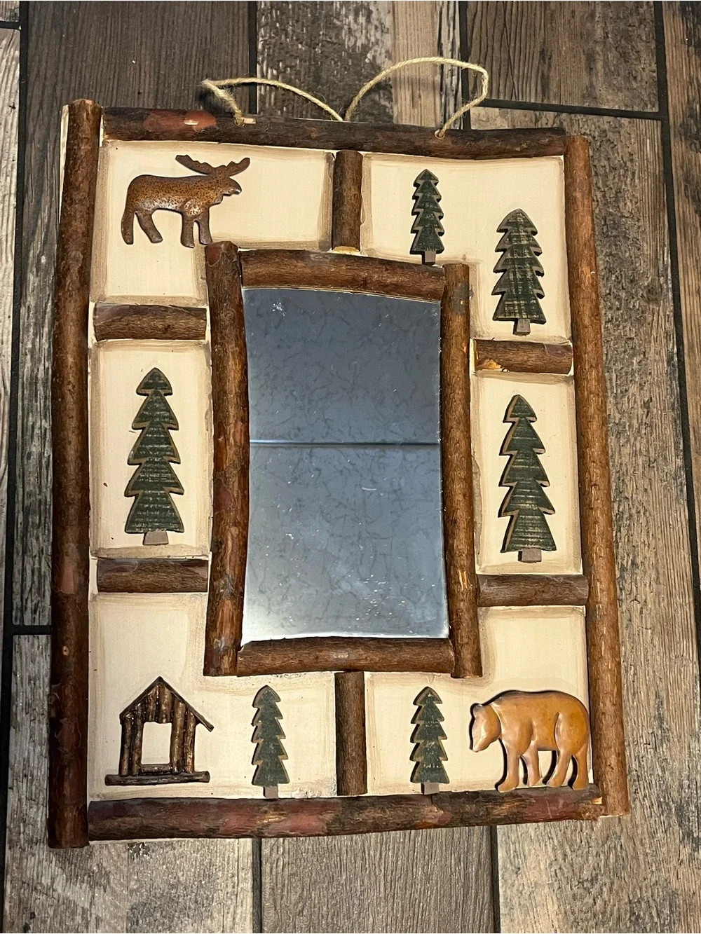 Rustic Cabin Wall Mirror with Bear & Tree Motif - Cream and Brown
